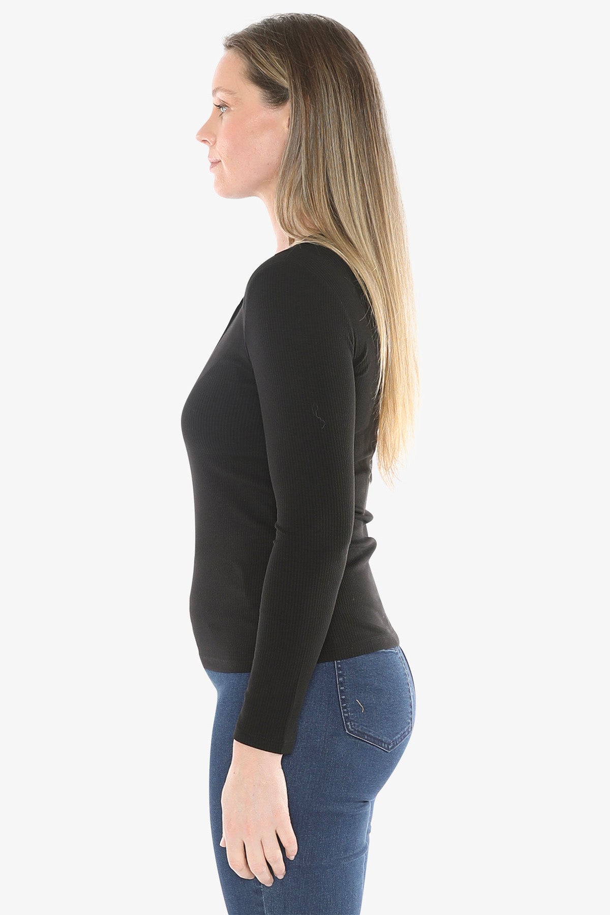 Stud Placket Rib Tee in Black