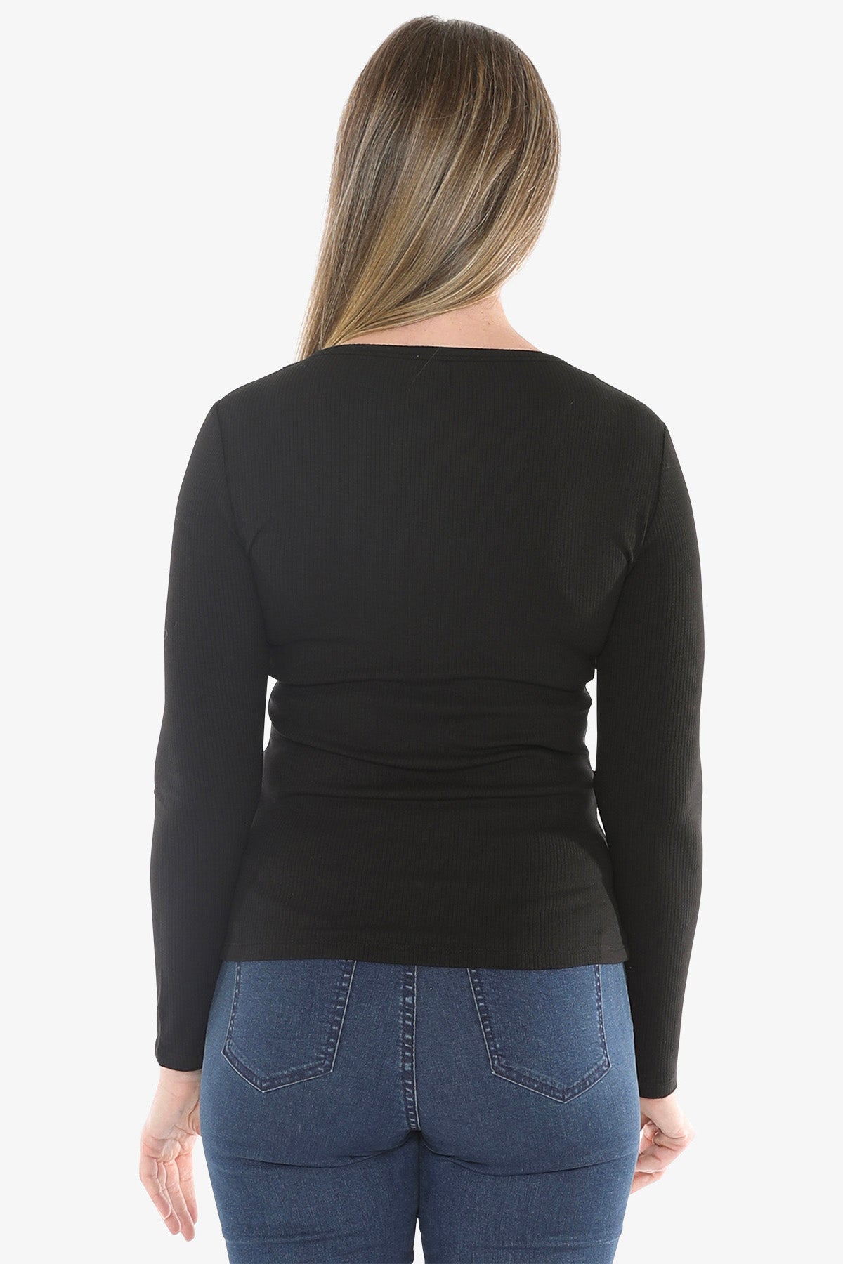 Stud Placket Rib Tee in Black