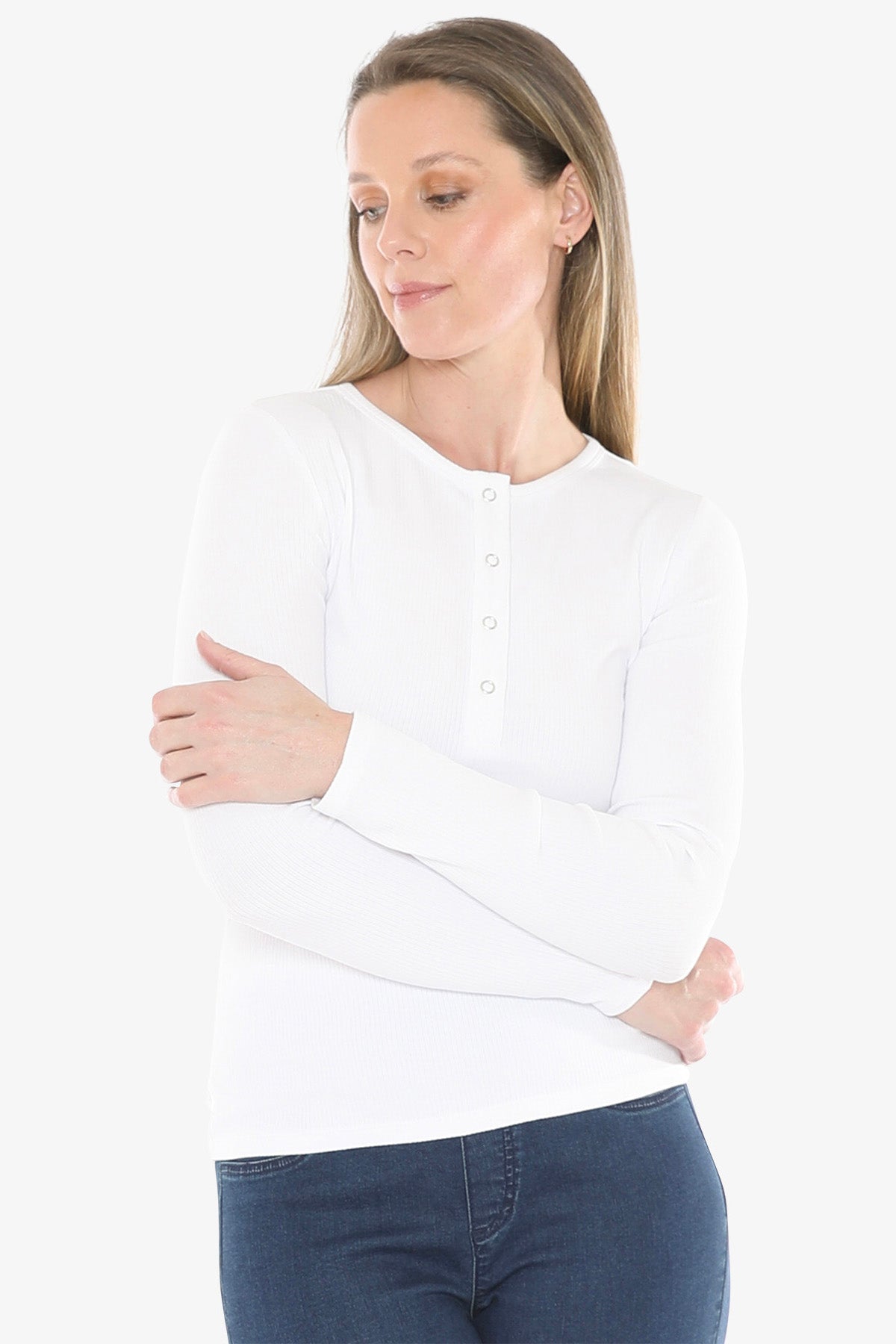 Stud Placket Rib Tee in White