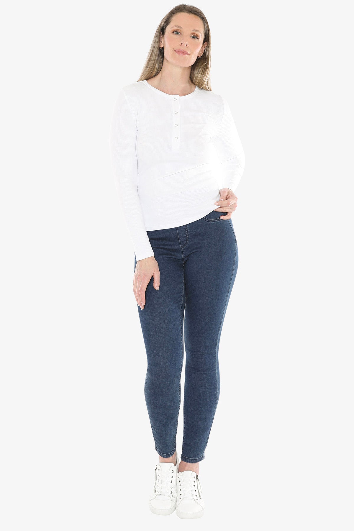 Stud Placket Rib Tee in White