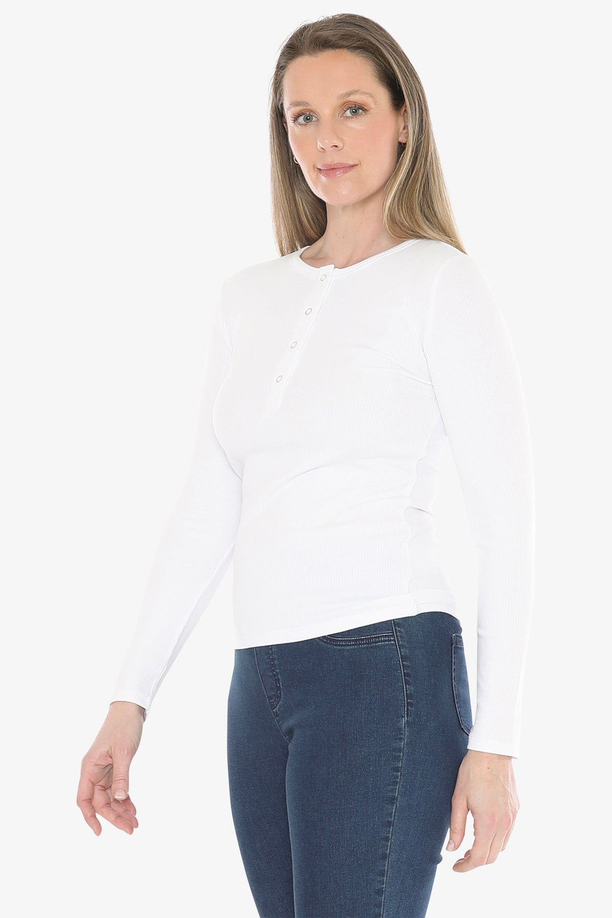 Stud Placket Rib Tee in White
