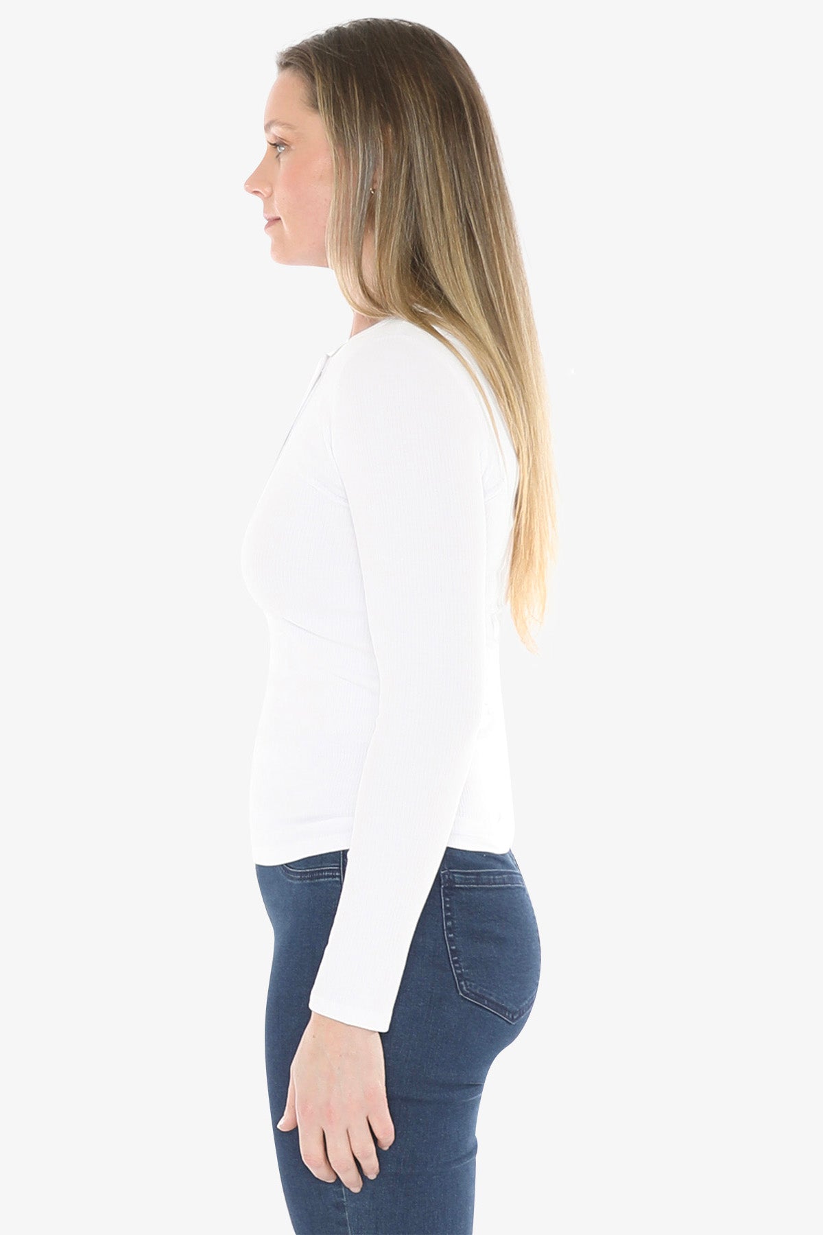 Stud Placket Rib Tee in White