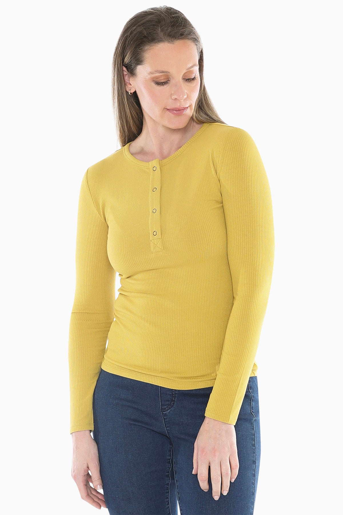 Stud Placket Rib Tee in Ochre