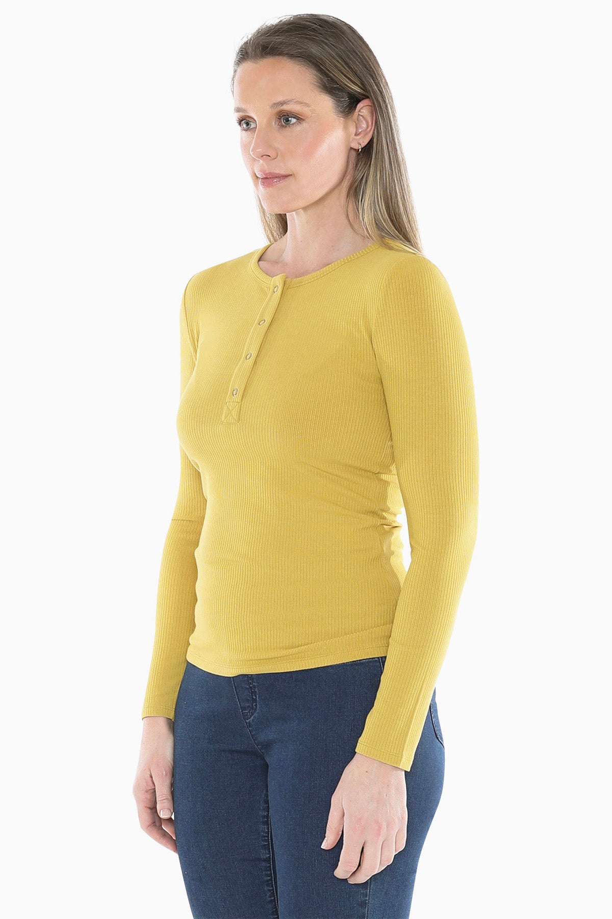 Stud Placket Rib Tee in Ochre