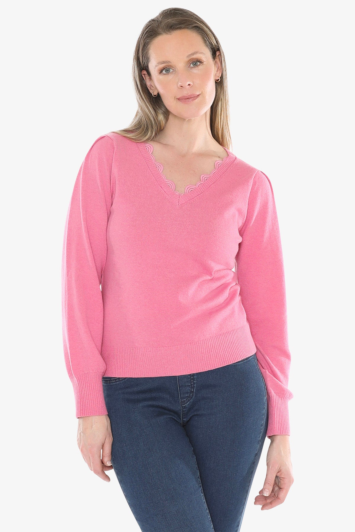 V Neck Pullover With Trim in Pink Marle