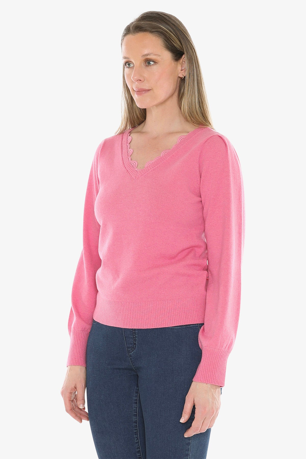 V Neck Pullover With Trim in Pink Marle