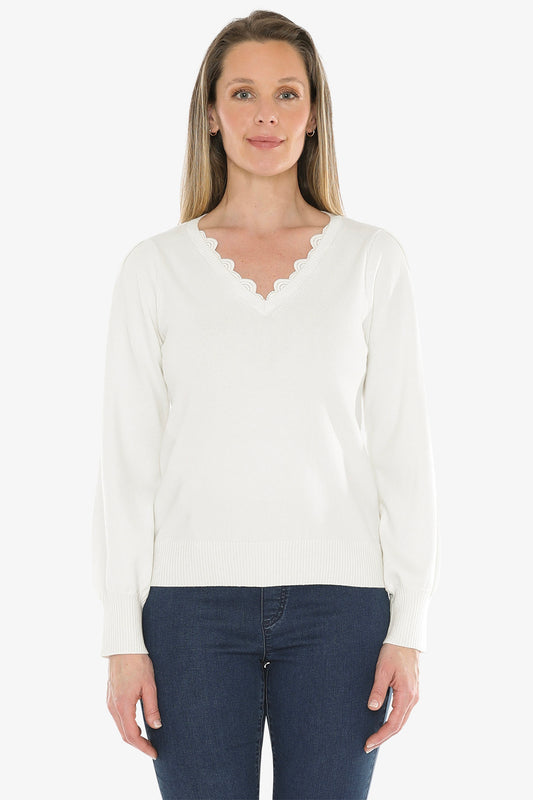 V Neck Pullover With Trim in Pearl