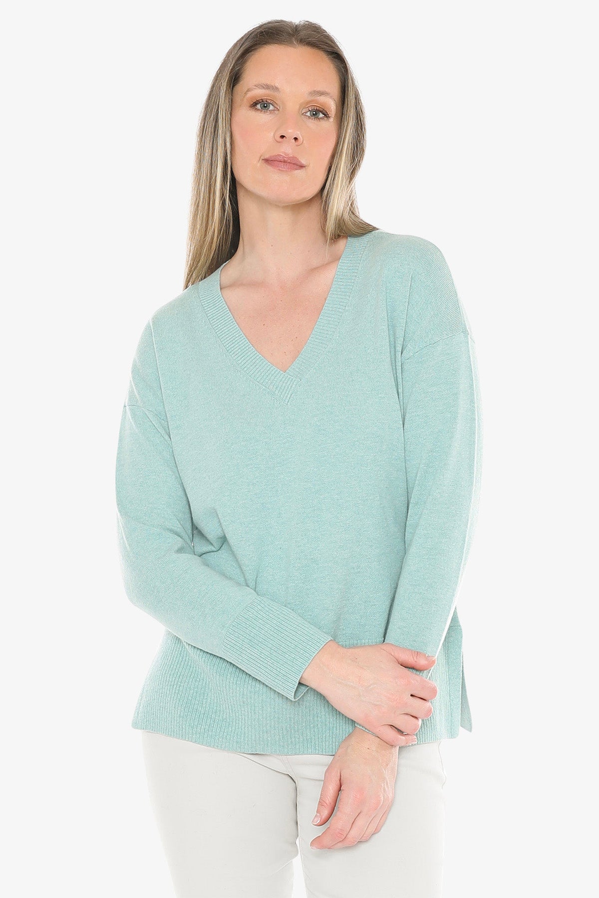 V-Neck Rib Detail Pullover in Seaglass Marle