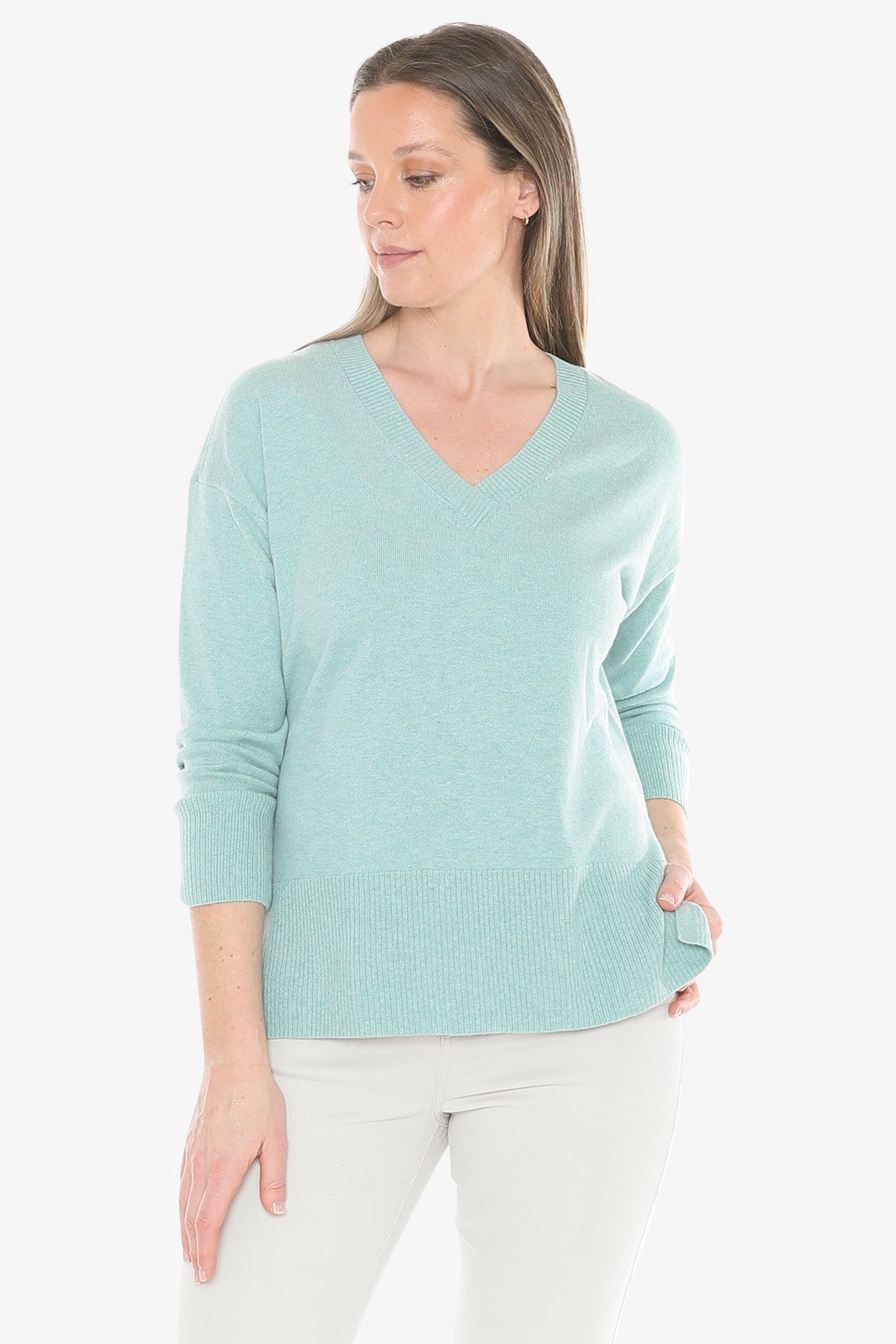 V-Neck Rib Detail Pullover in Seaglass Marle