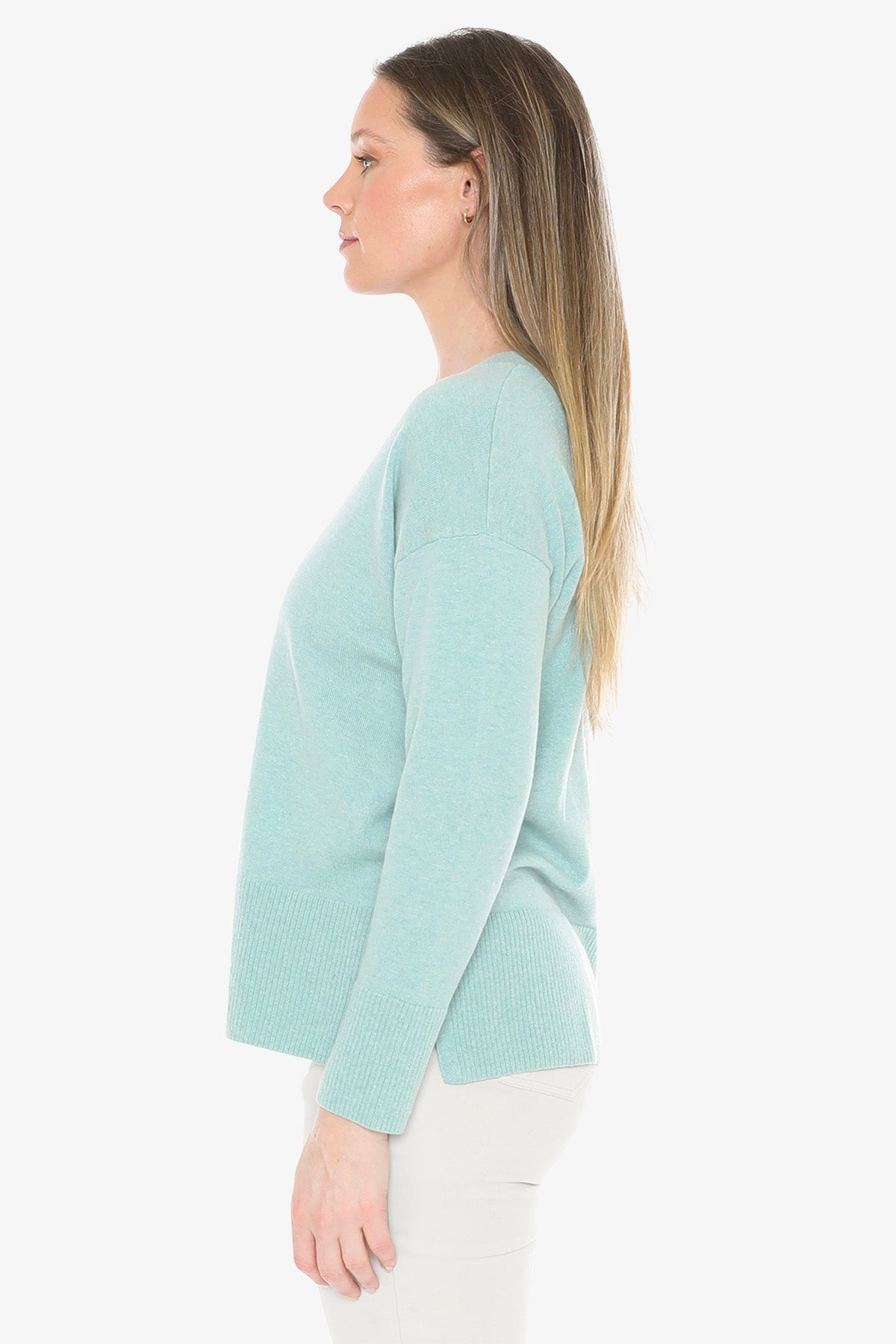 V-Neck Rib Detail Pullover in Seaglass Marle