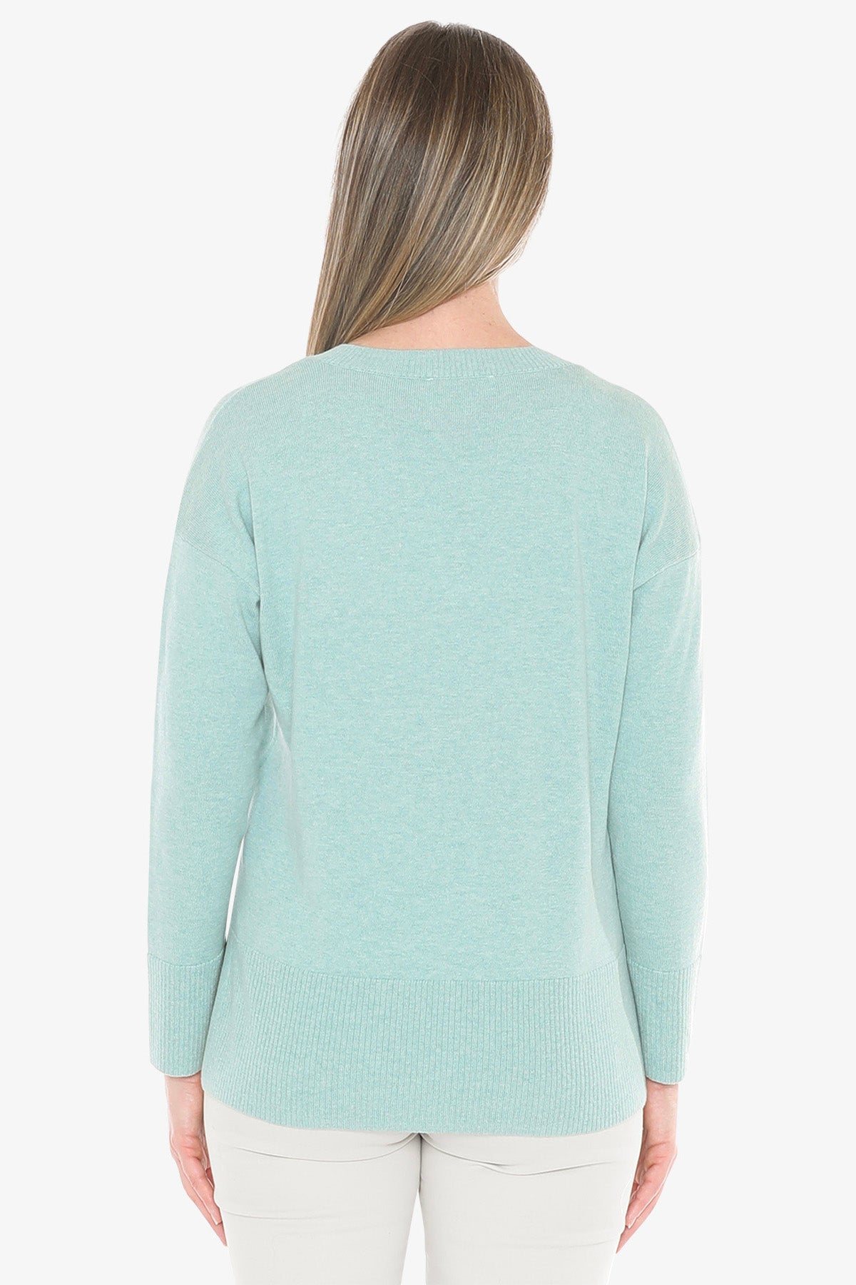V-Neck Rib Detail Pullover in Seaglass Marle