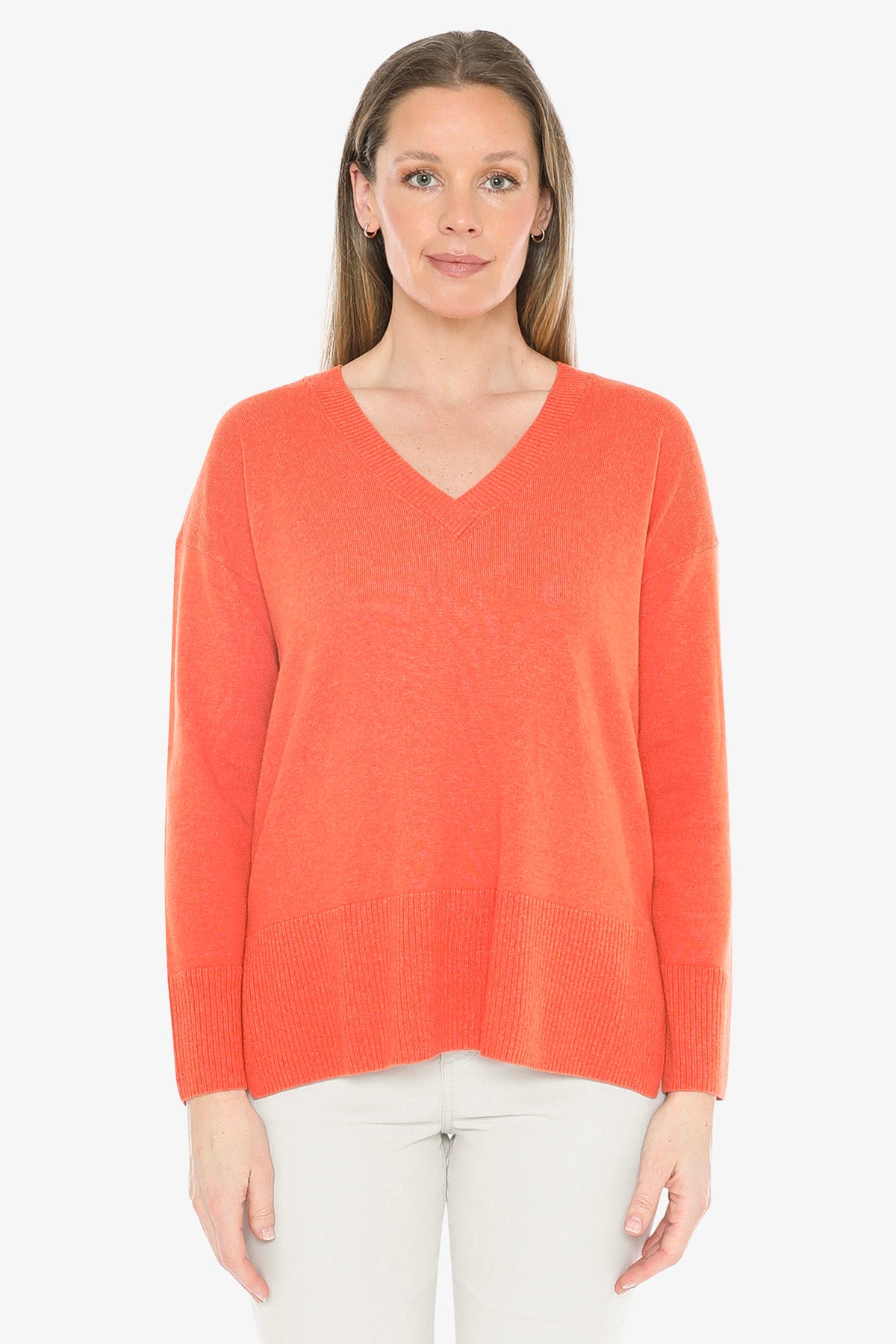V-Neck Rib Detail Pullover in Nectarine