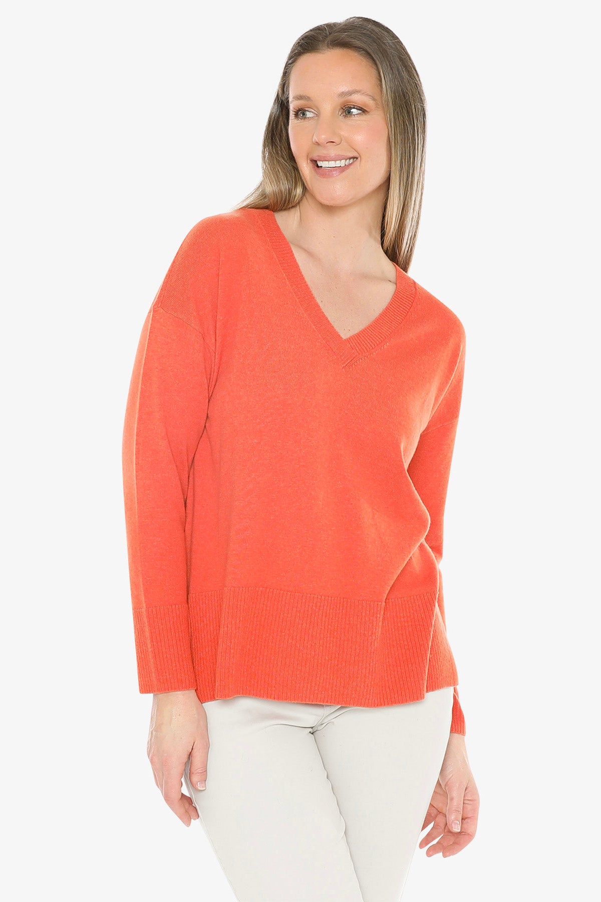 V-Neck Rib Detail Pullover in Nectarine