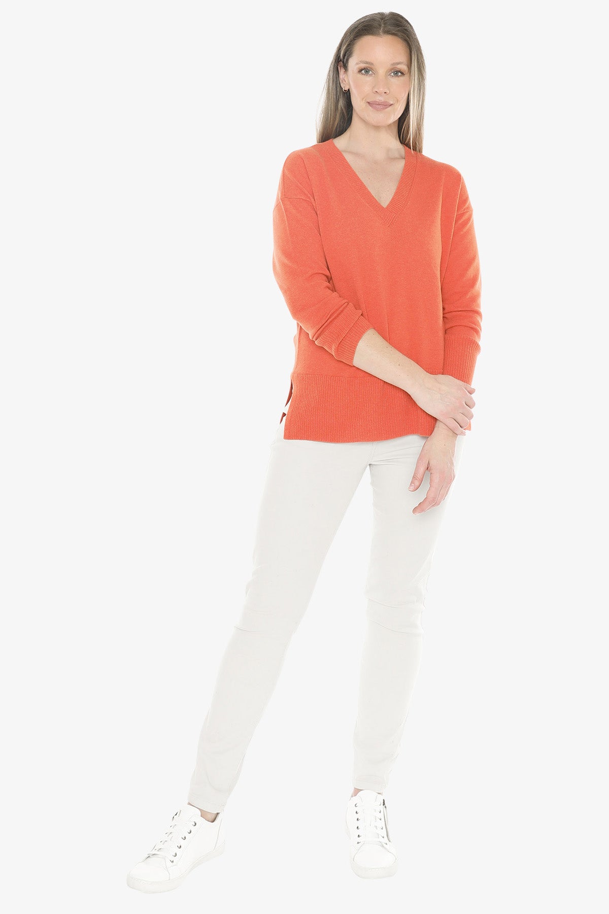 V-Neck Rib Detail Pullover in Nectarine
