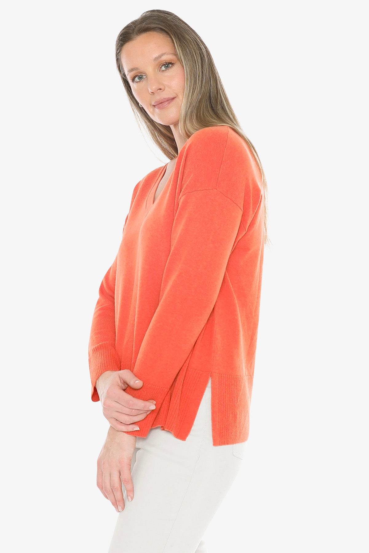 V-Neck Rib Detail Pullover in Nectarine