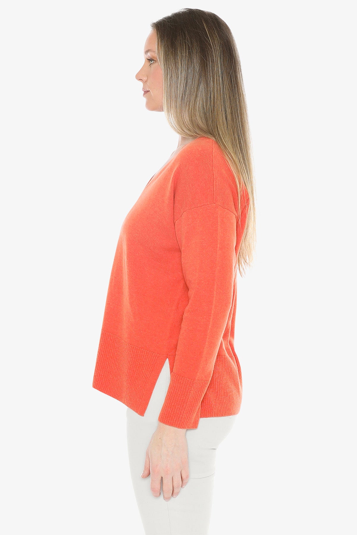 V-Neck Rib Detail Pullover in Nectarine