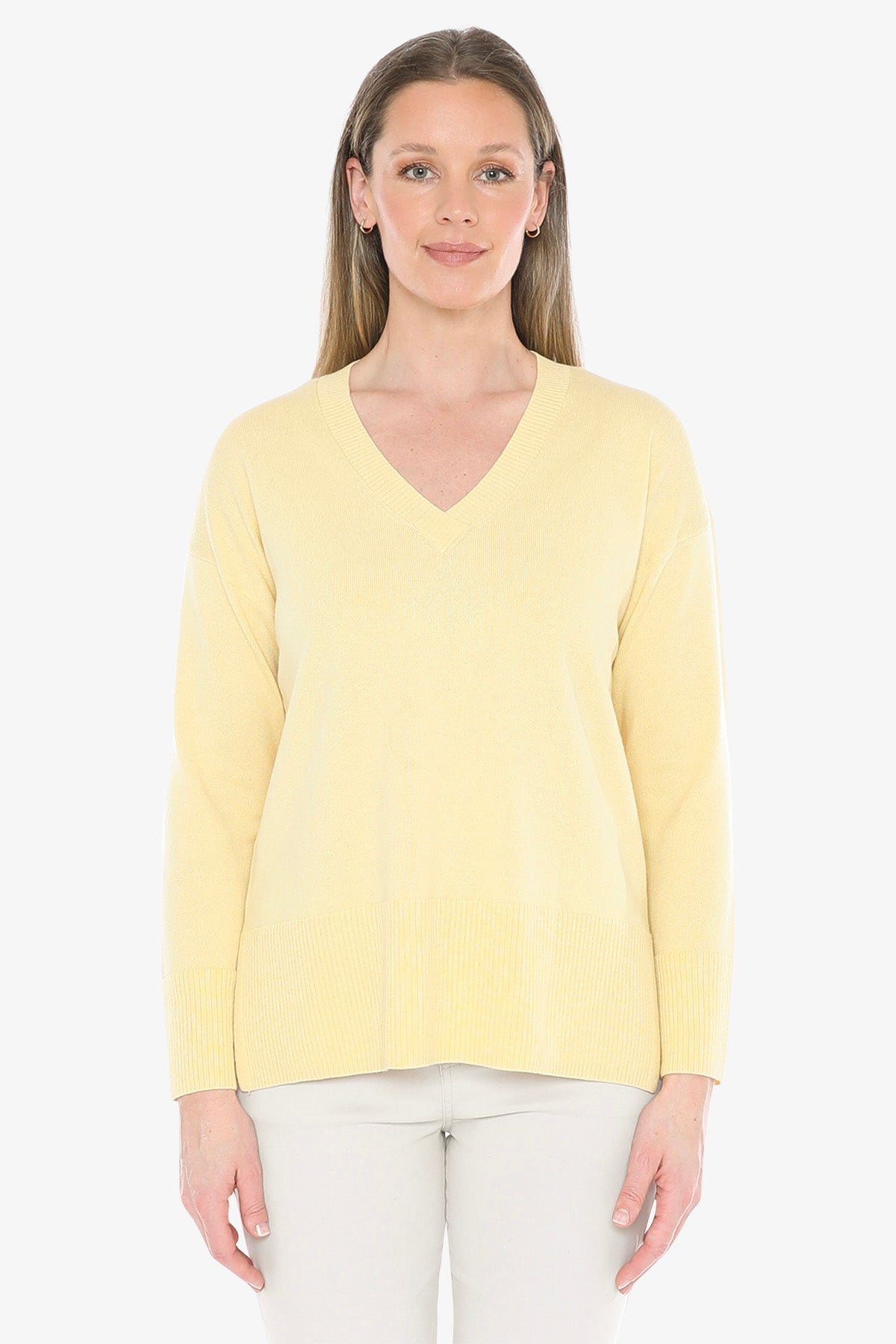 V-Neck Rib Detail Pullover in Lemon