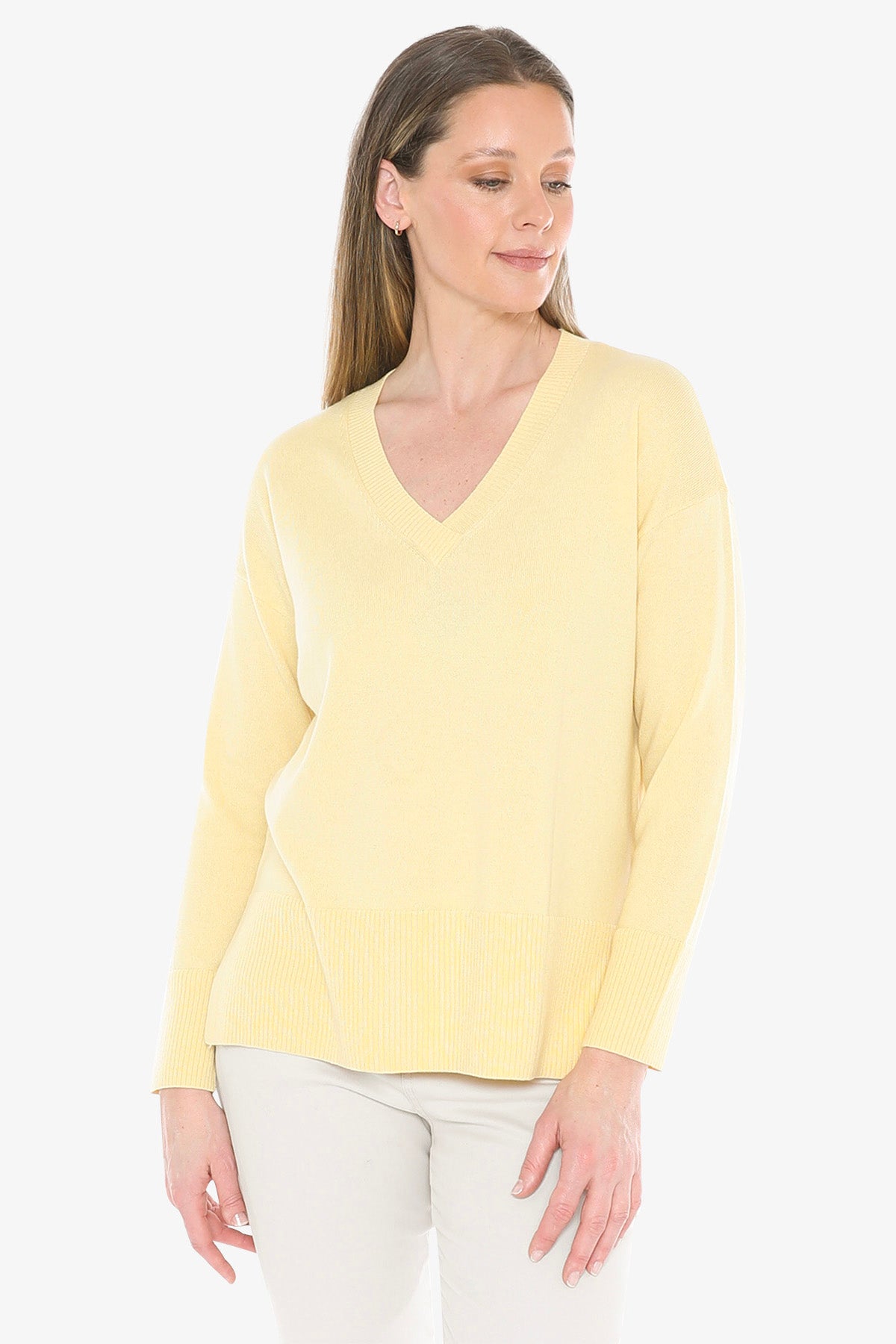 V-Neck Rib Detail Pullover in Lemon