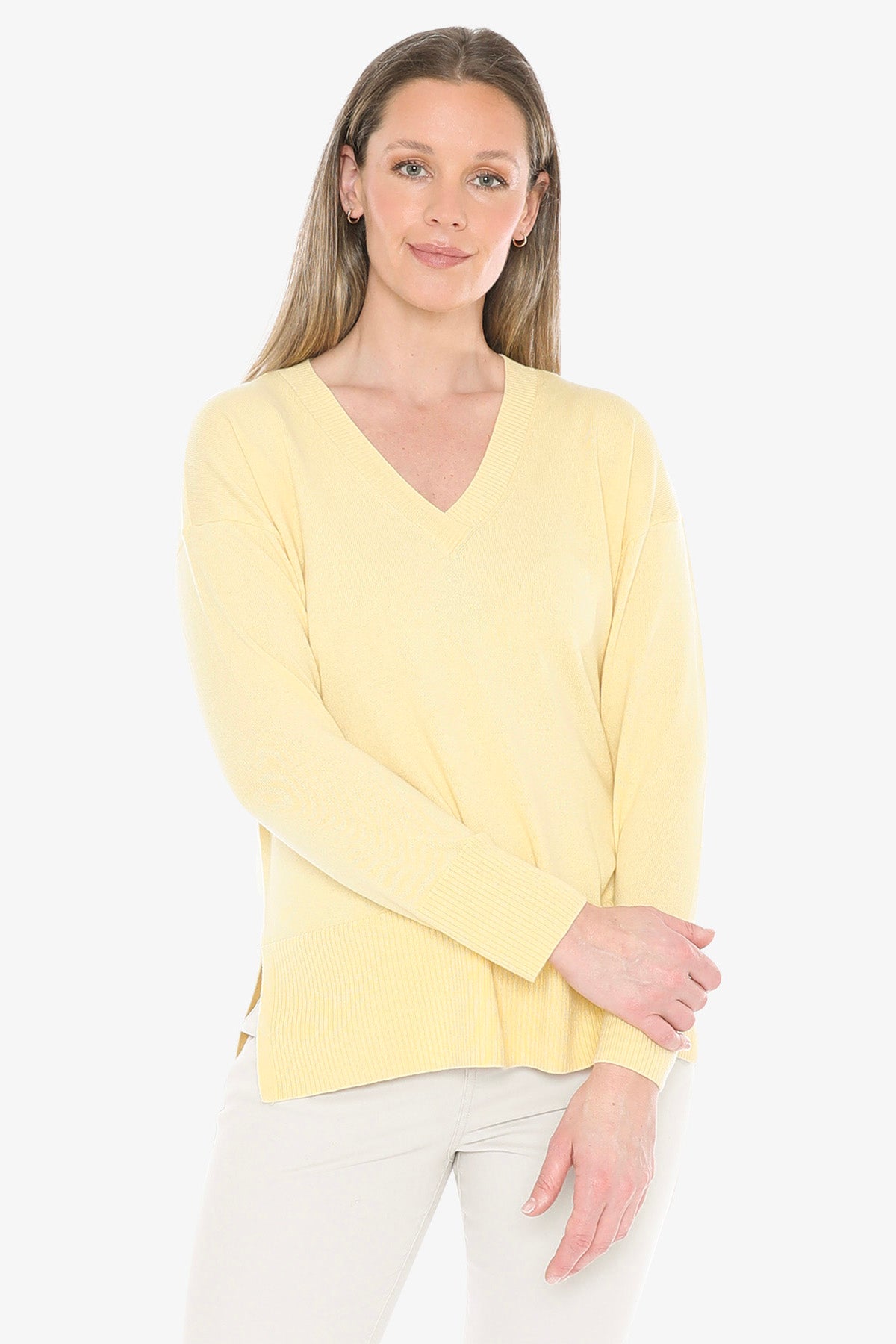 V-Neck Rib Detail Pullover in Lemon