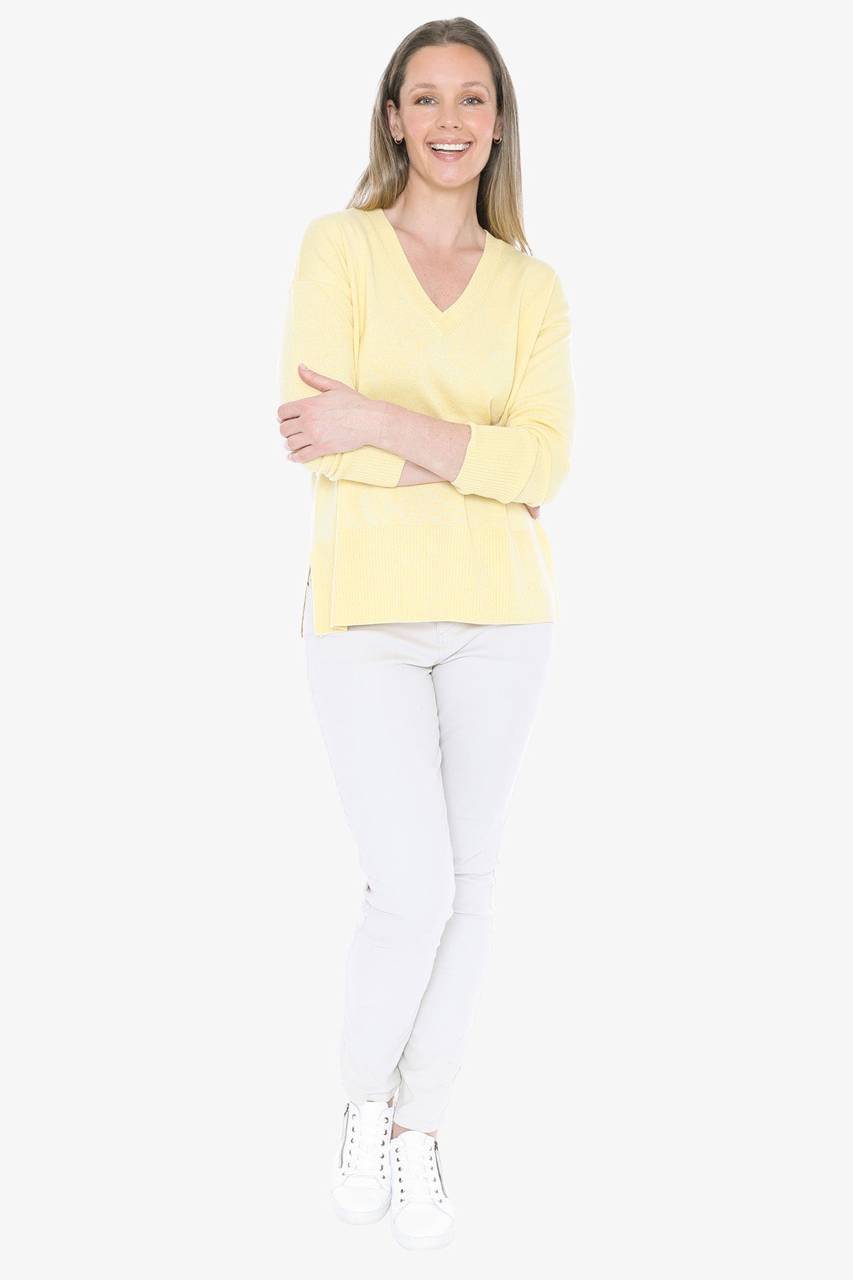 V-Neck Rib Detail Pullover in Lemon