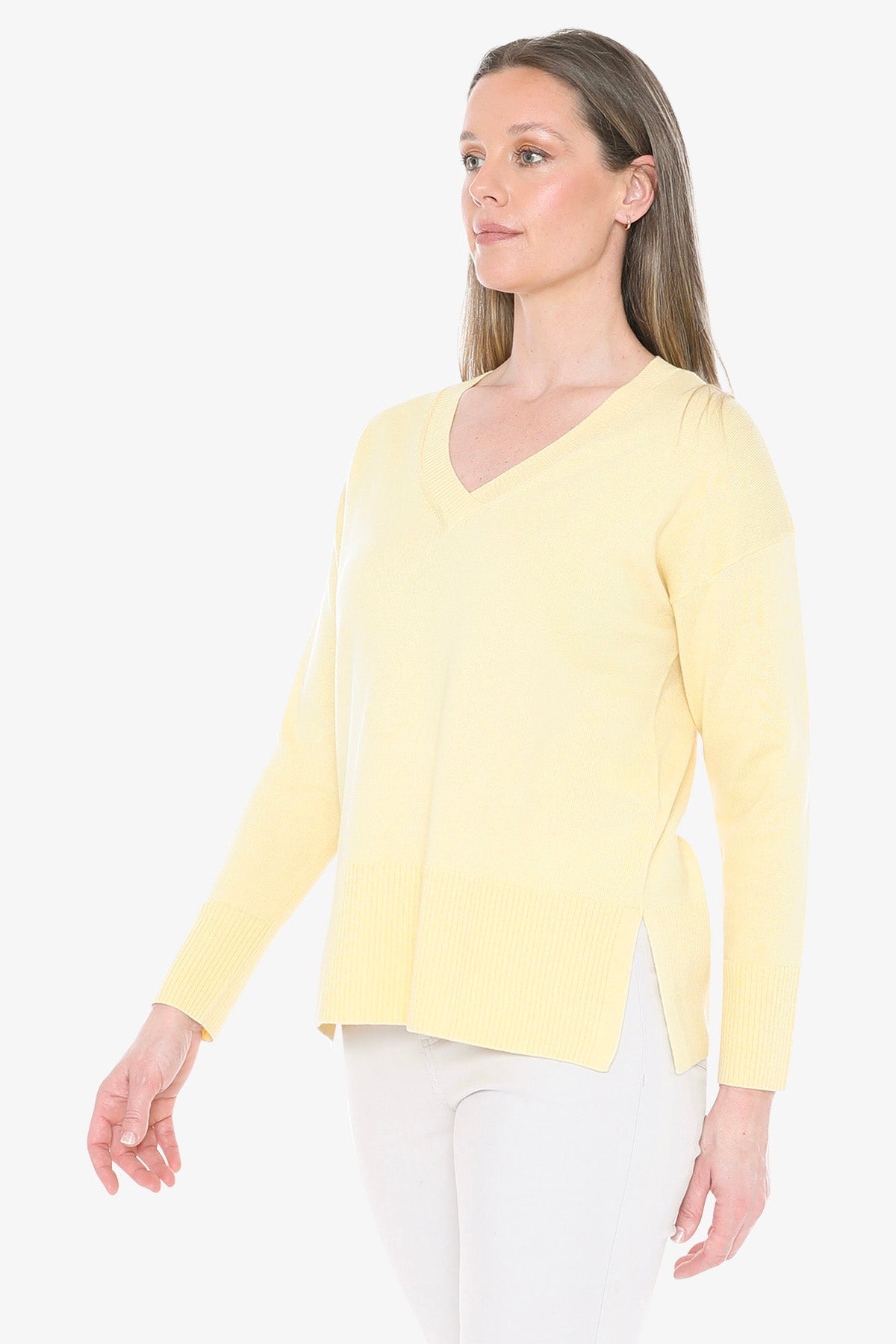 V-Neck Rib Detail Pullover in Lemon