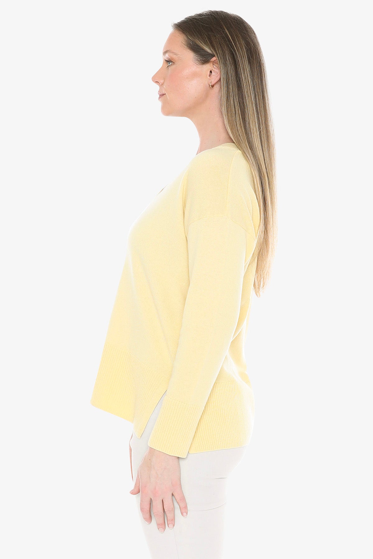 V-Neck Rib Detail Pullover in Lemon