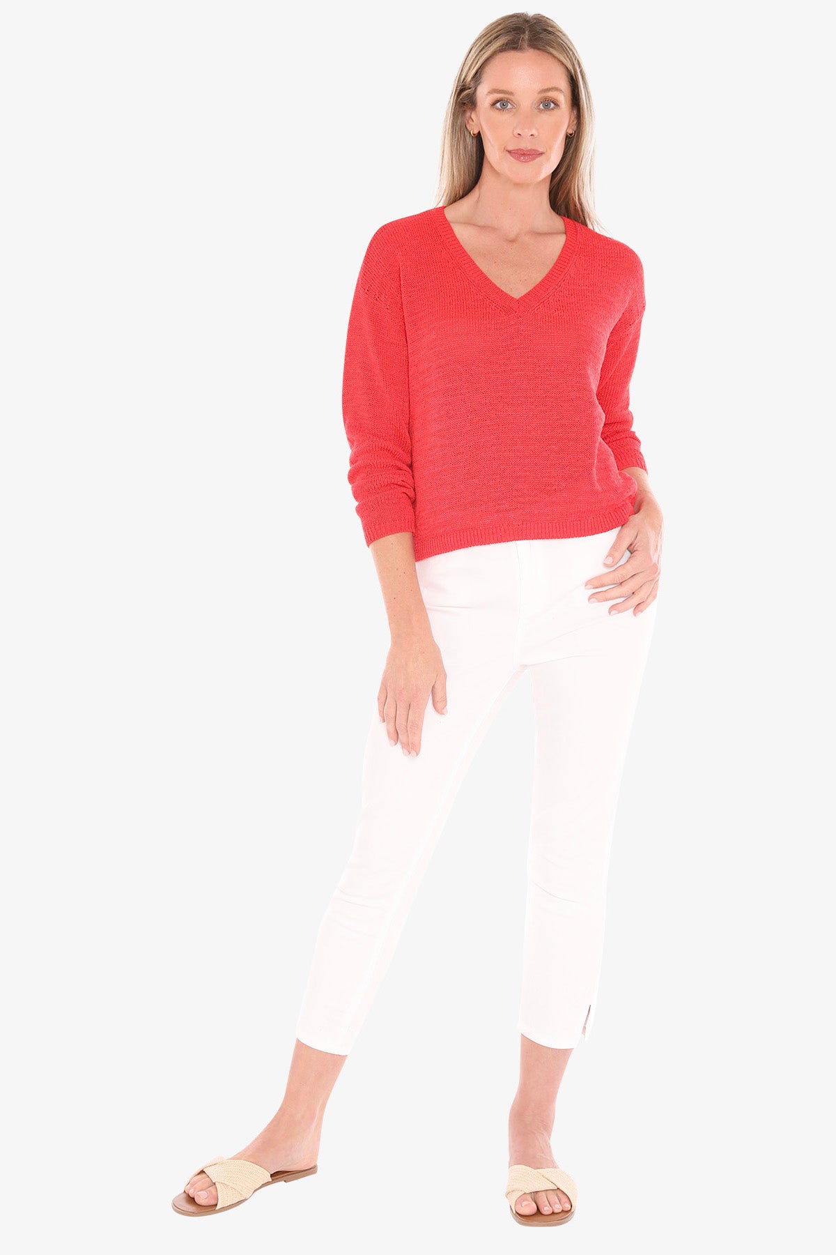 Womens V Neck Tape Pullover Red 59611001a