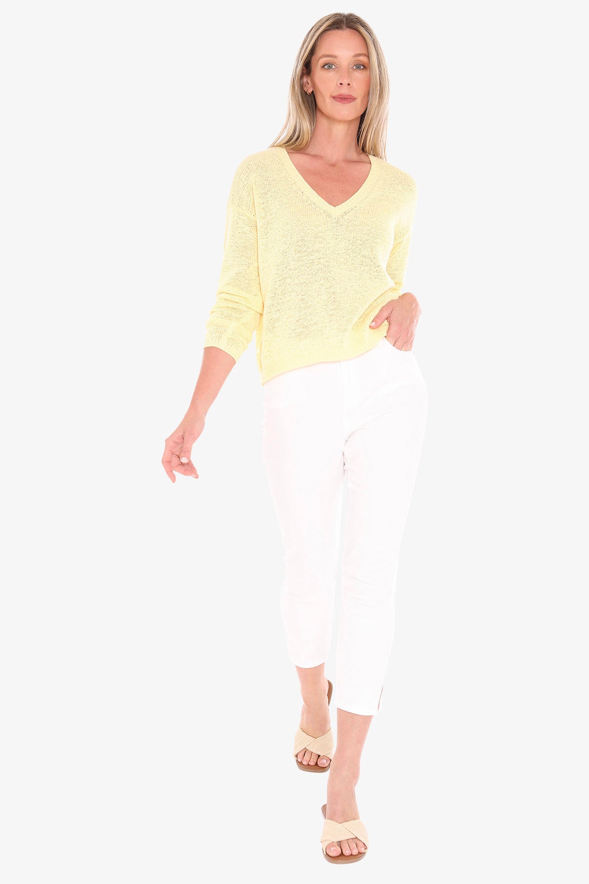 Womens V Neck Tape Pullover Yellow 59611001a