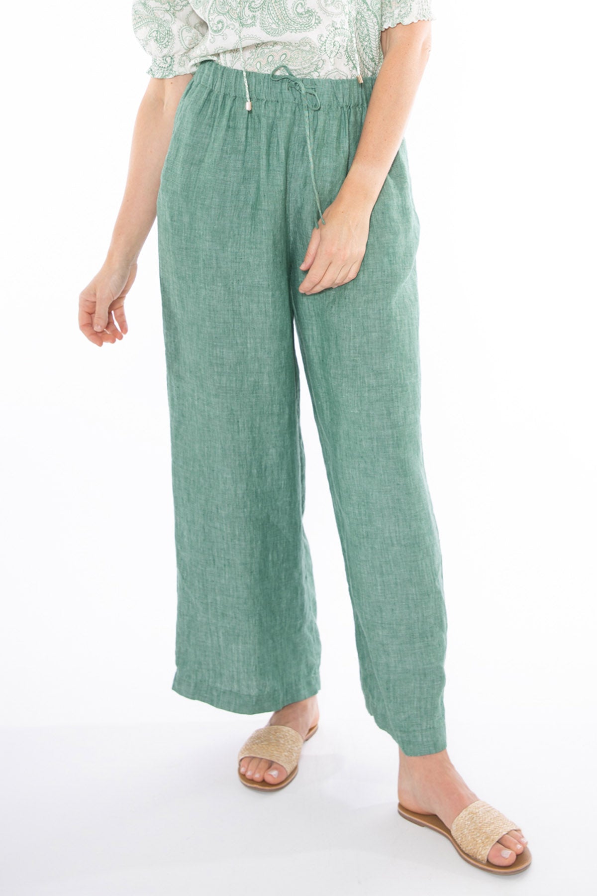 Women's Wide Leg Linen Pant in Green