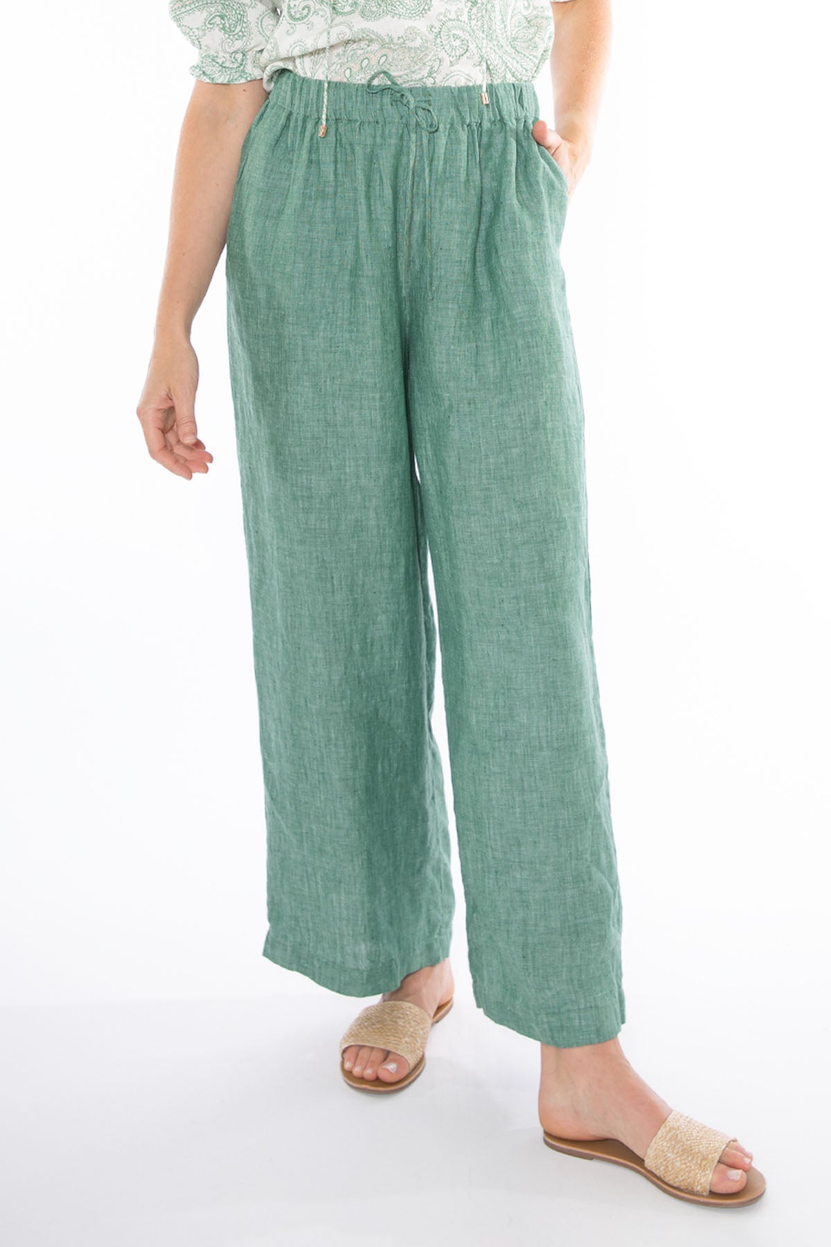 Women's Wide Leg Linen Pant in Green