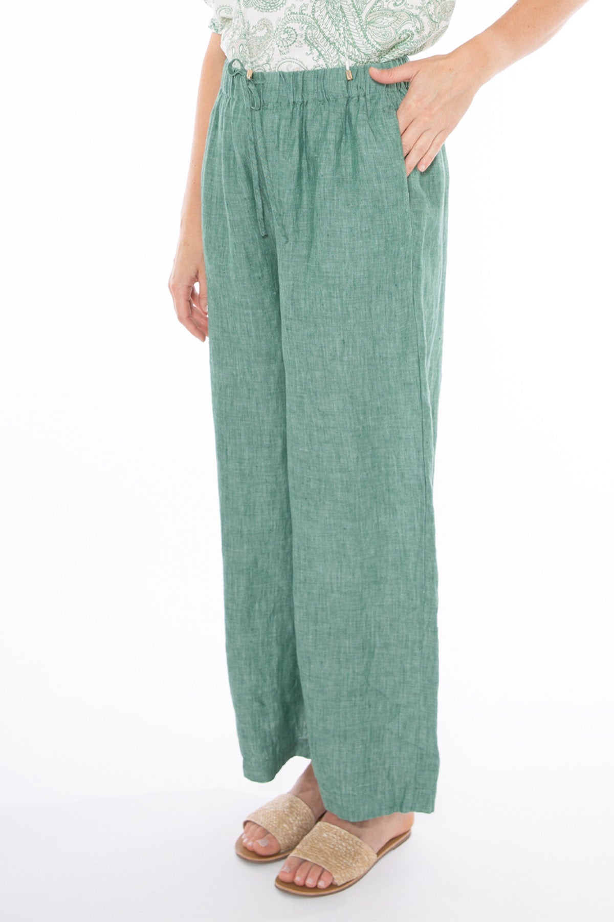 Women's Wide Leg Linen Pant in Green