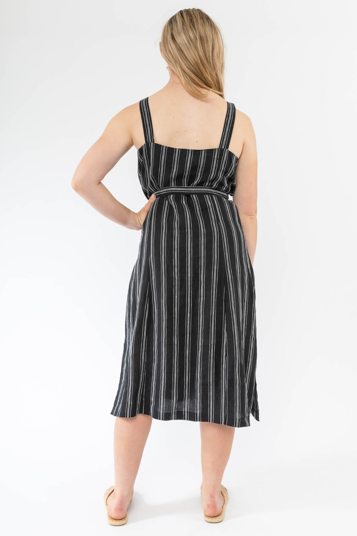 Side Button Stripe Linen Dress Black