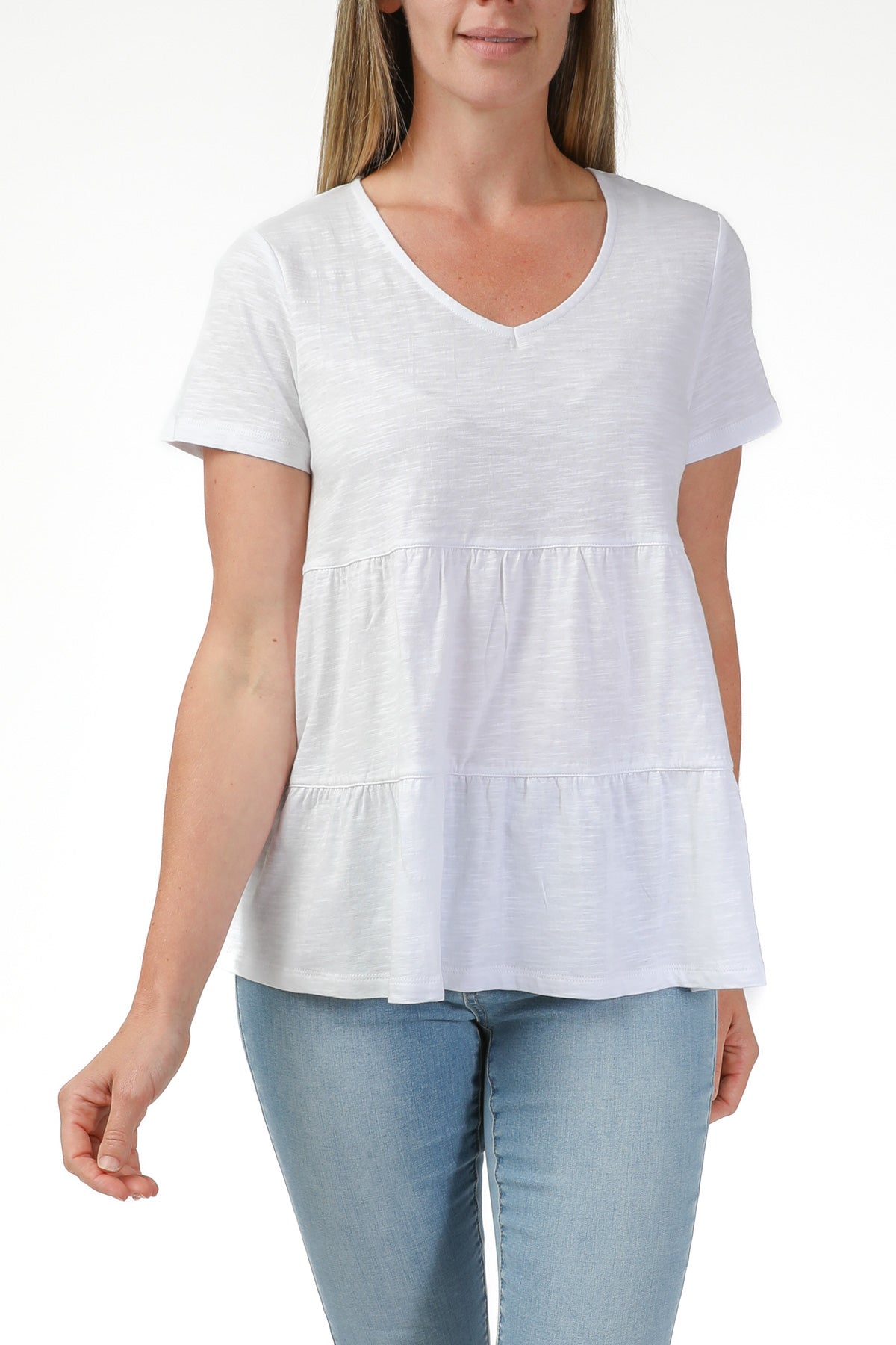 Tiered V-Neck Tee White