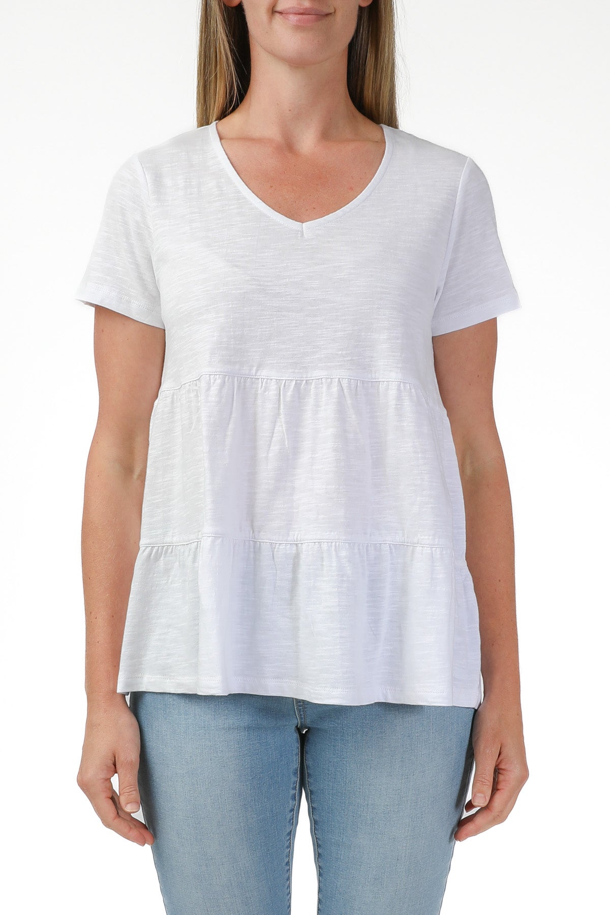 Tiered V-Neck Tee White