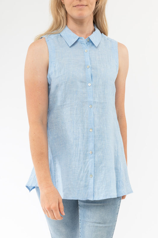 Sleeveless Button Through Linen Shirt Pale Blue