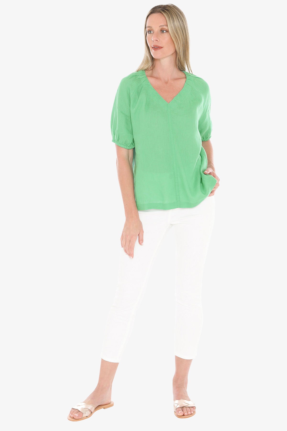 Womens Gather V Neck Top Green 596j3002a