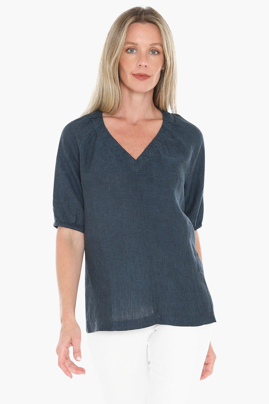 Womens Gather V Neck Top Navy 596j3002a