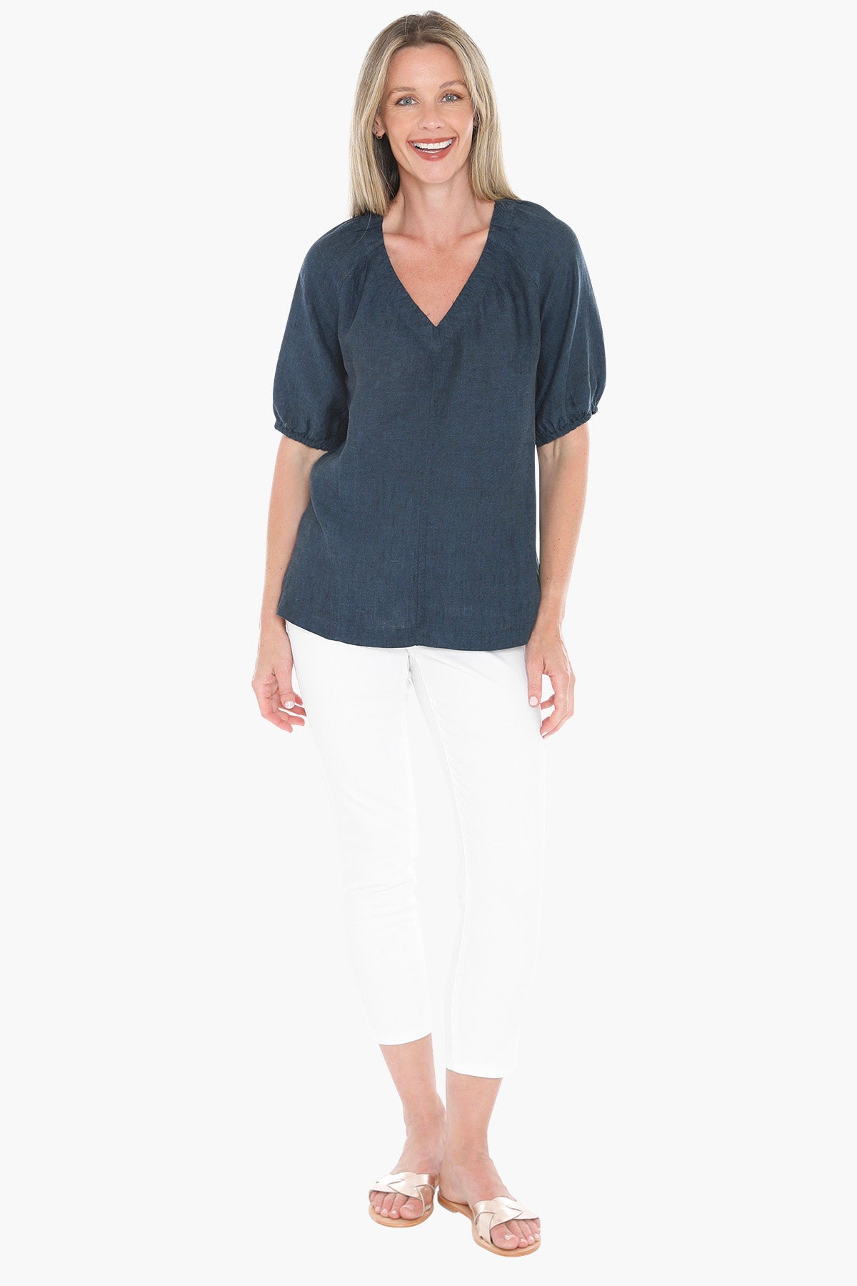 Womens Gather V Neck Top Navy 596j3002a