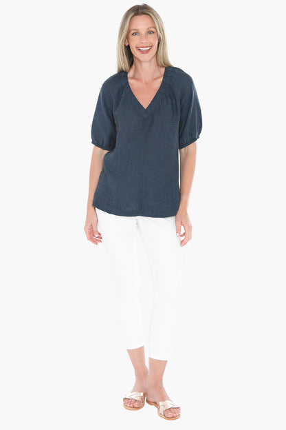 Womens Gather V Neck Top Navy 596j3002a