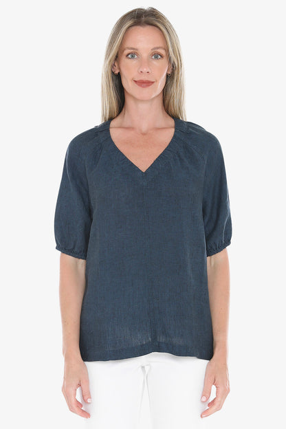 Womens Gather V Neck Top Navy 596j3002a