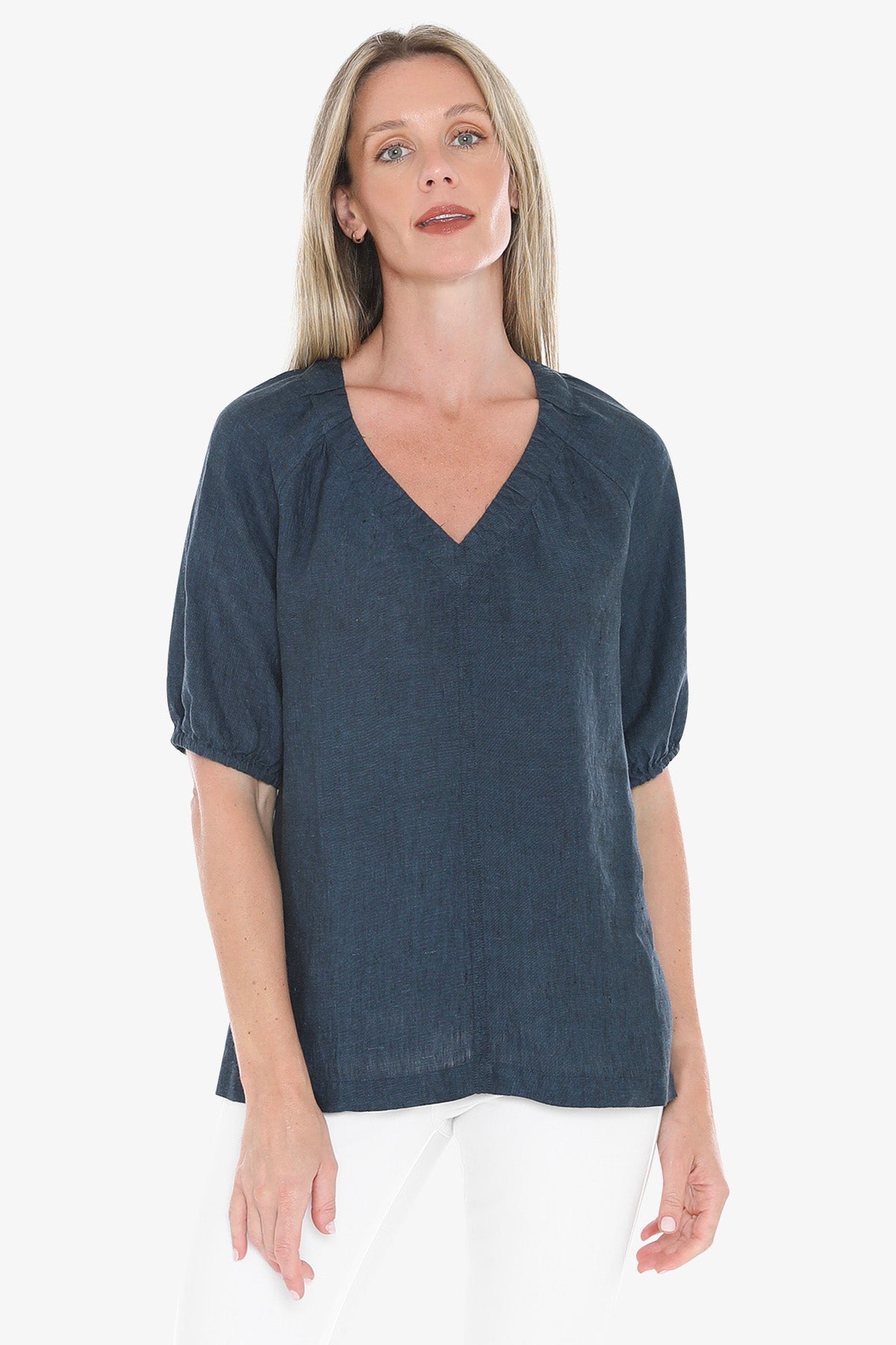 Womens Gather V Neck Top Navy 596j3002a