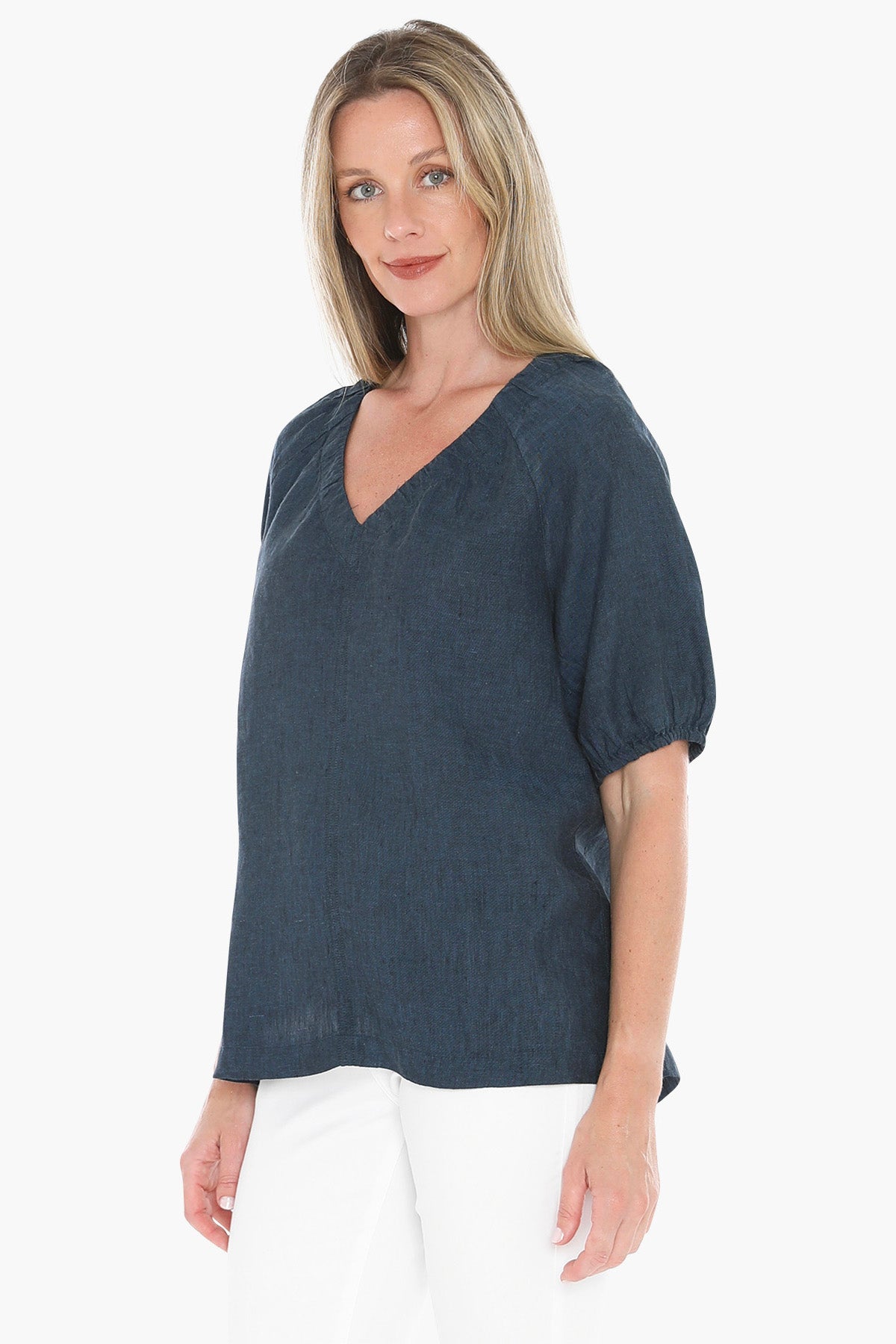 Womens Gather V Neck Top Navy 596j3002a