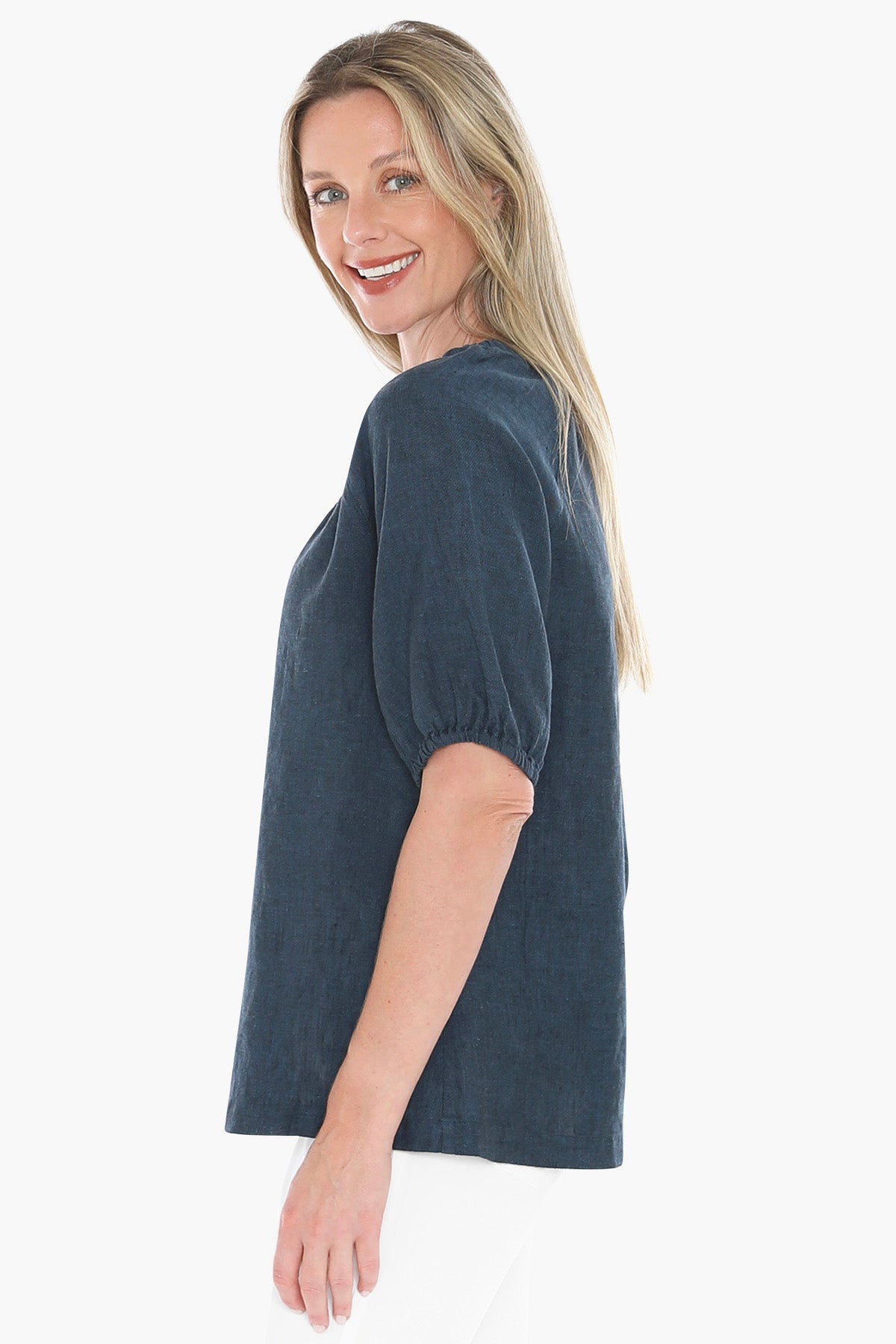 Womens Gather V Neck Top Navy 596j3002a