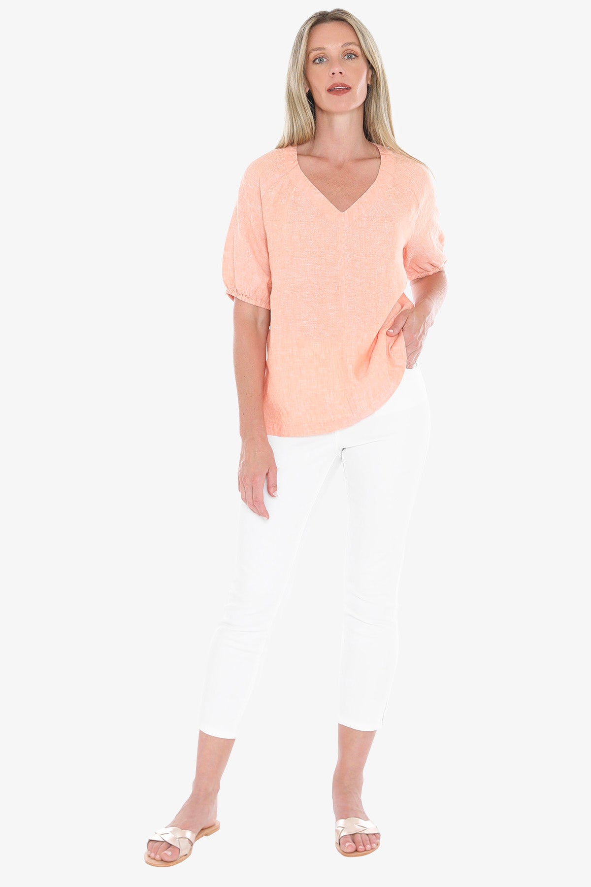 Womens Gather V Neck Top Orange 596j3002a