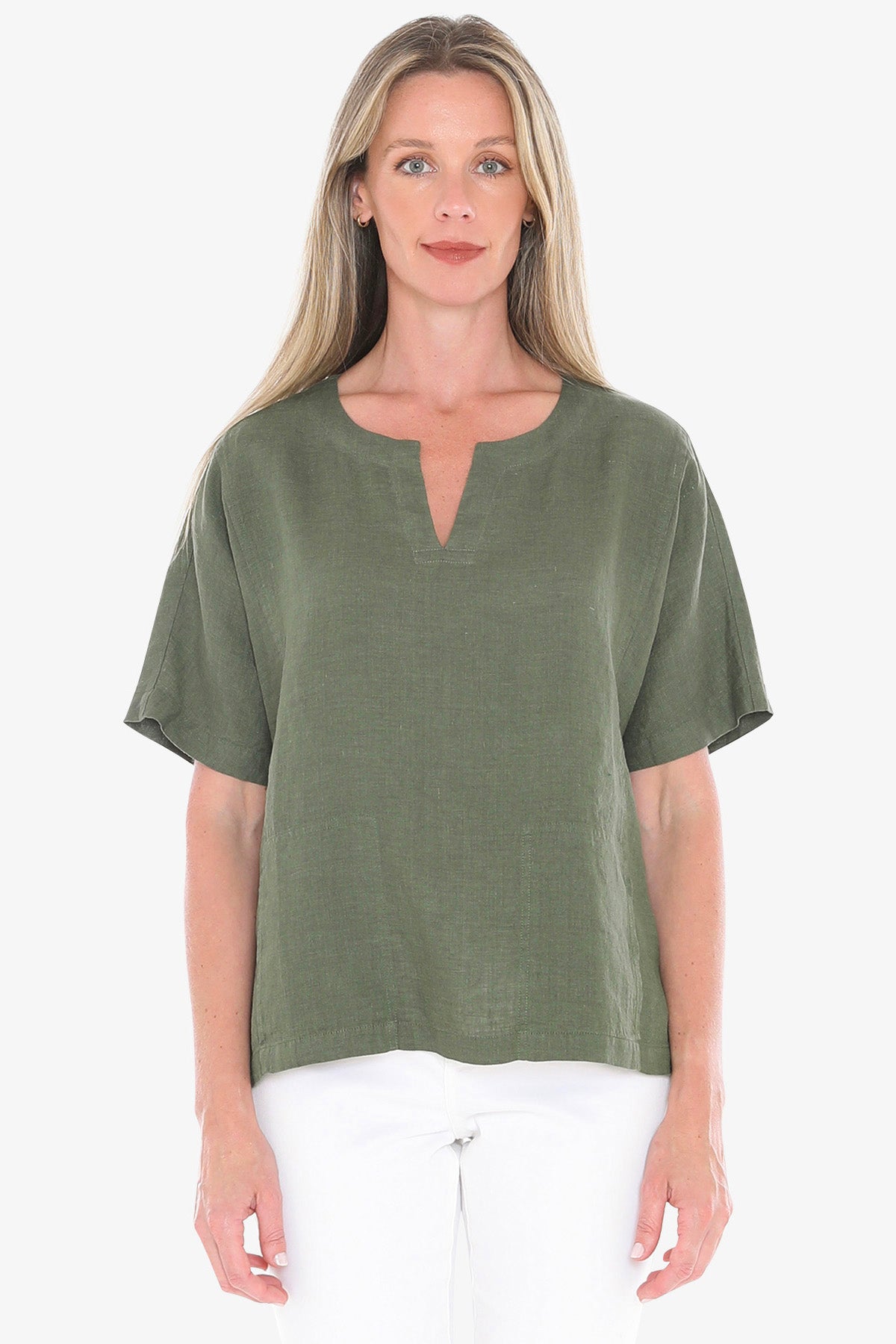Womens 2 Pocket Linen Top Green 596j3160a