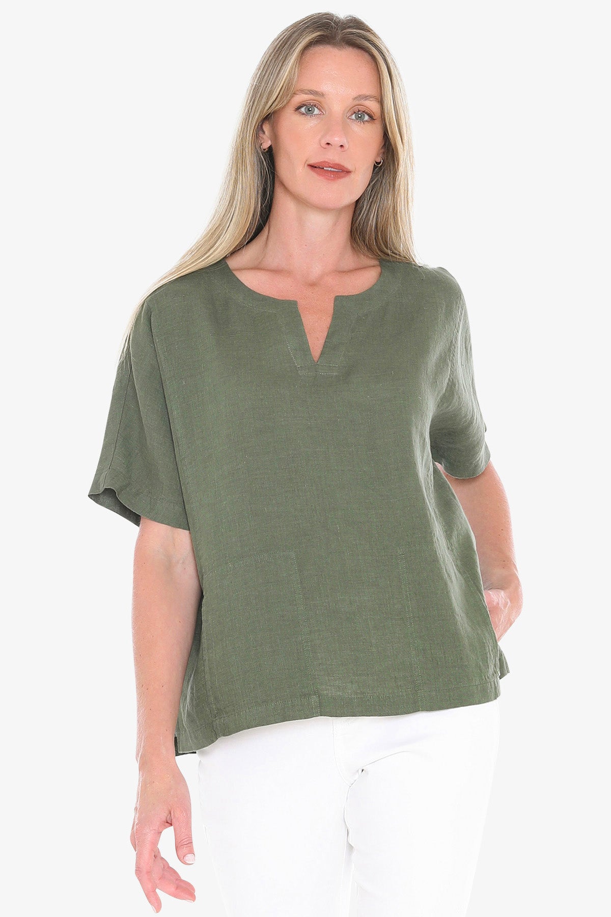 Womens 2 Pocket Linen Top Green 596j3160a