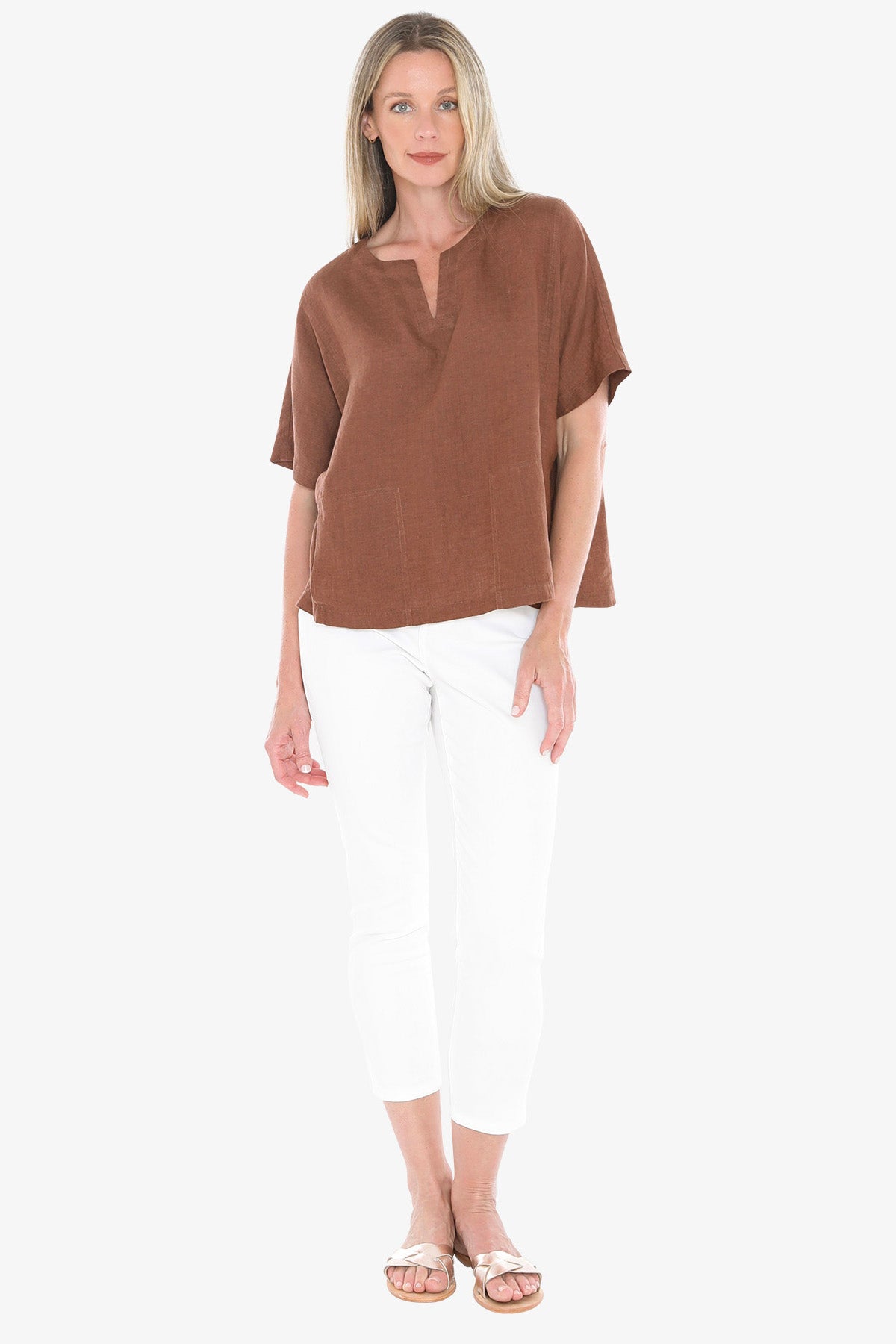 Womens 2 Pocket Linen Top Brown 596j3160a