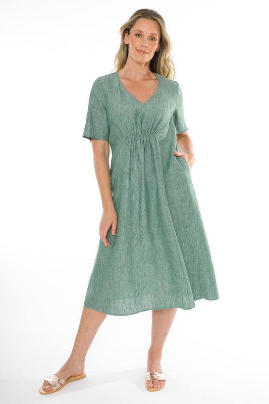 Women's Gathered Waist V-Neck Dress in Green