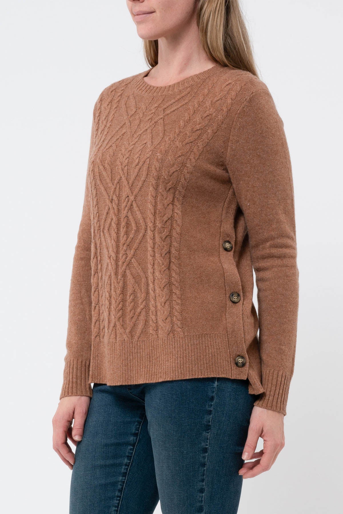 Long Sleeve Cable Side Button Pullover Toffee