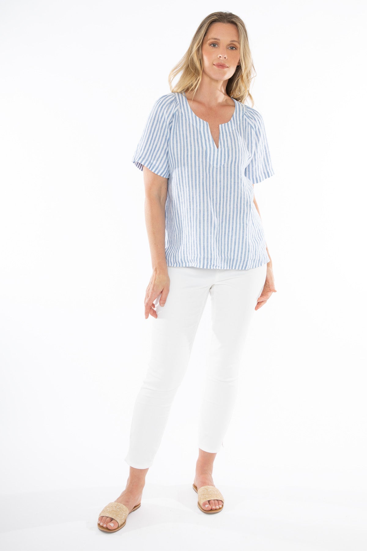 Women's Metallic Stripe Top in Blue and White